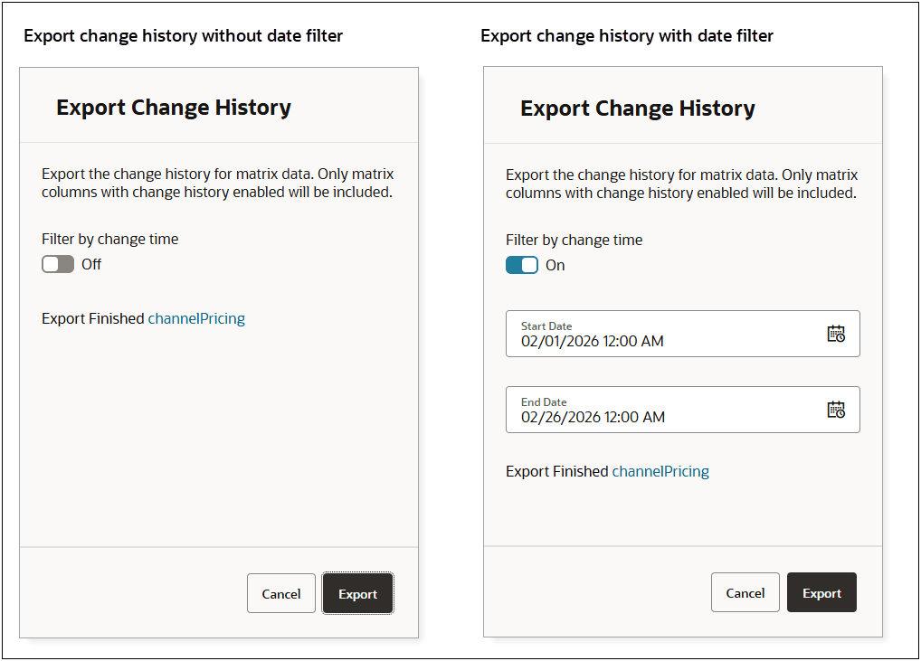 Export Change History interface
