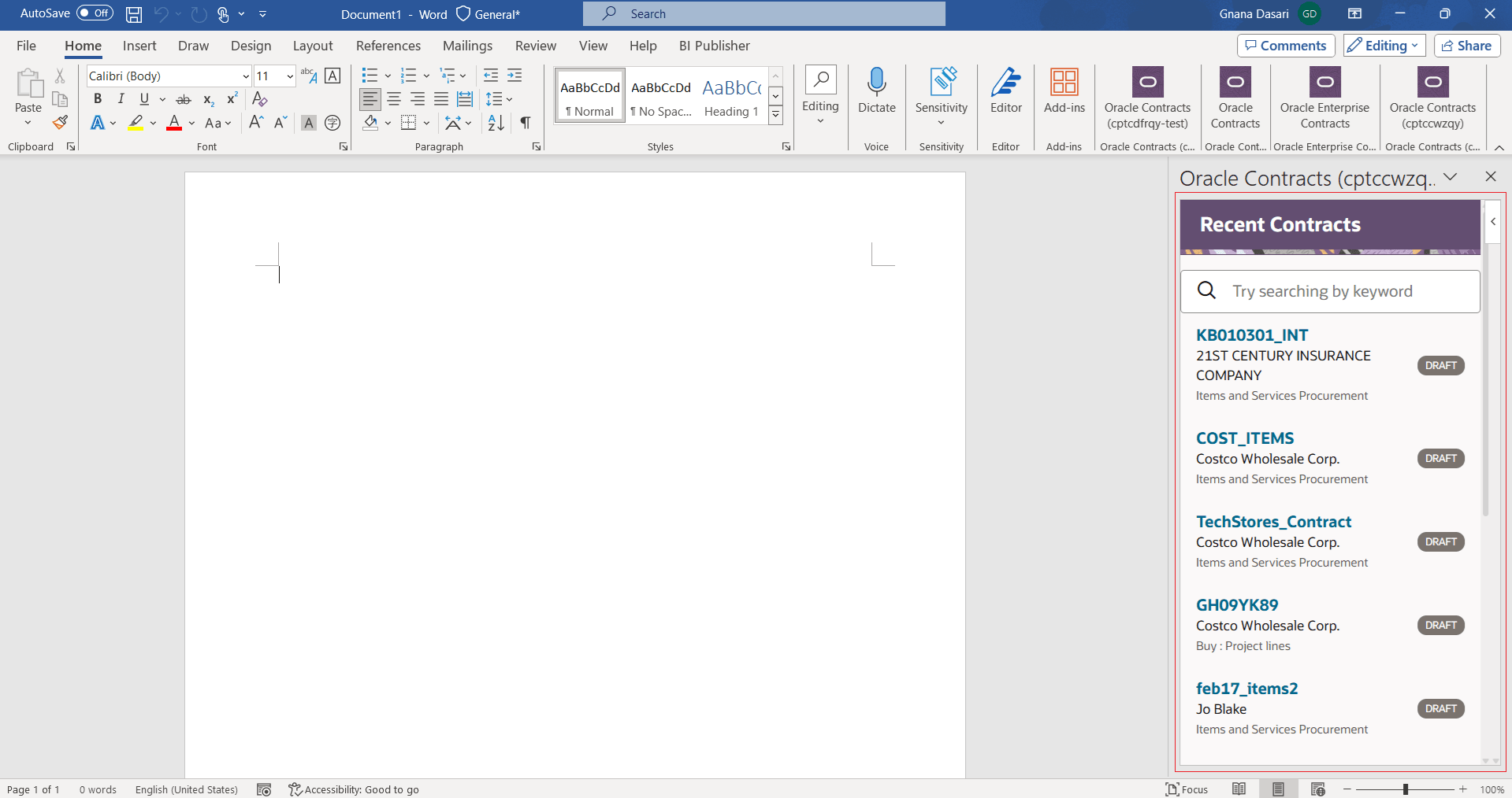 Recent Contracts Pane