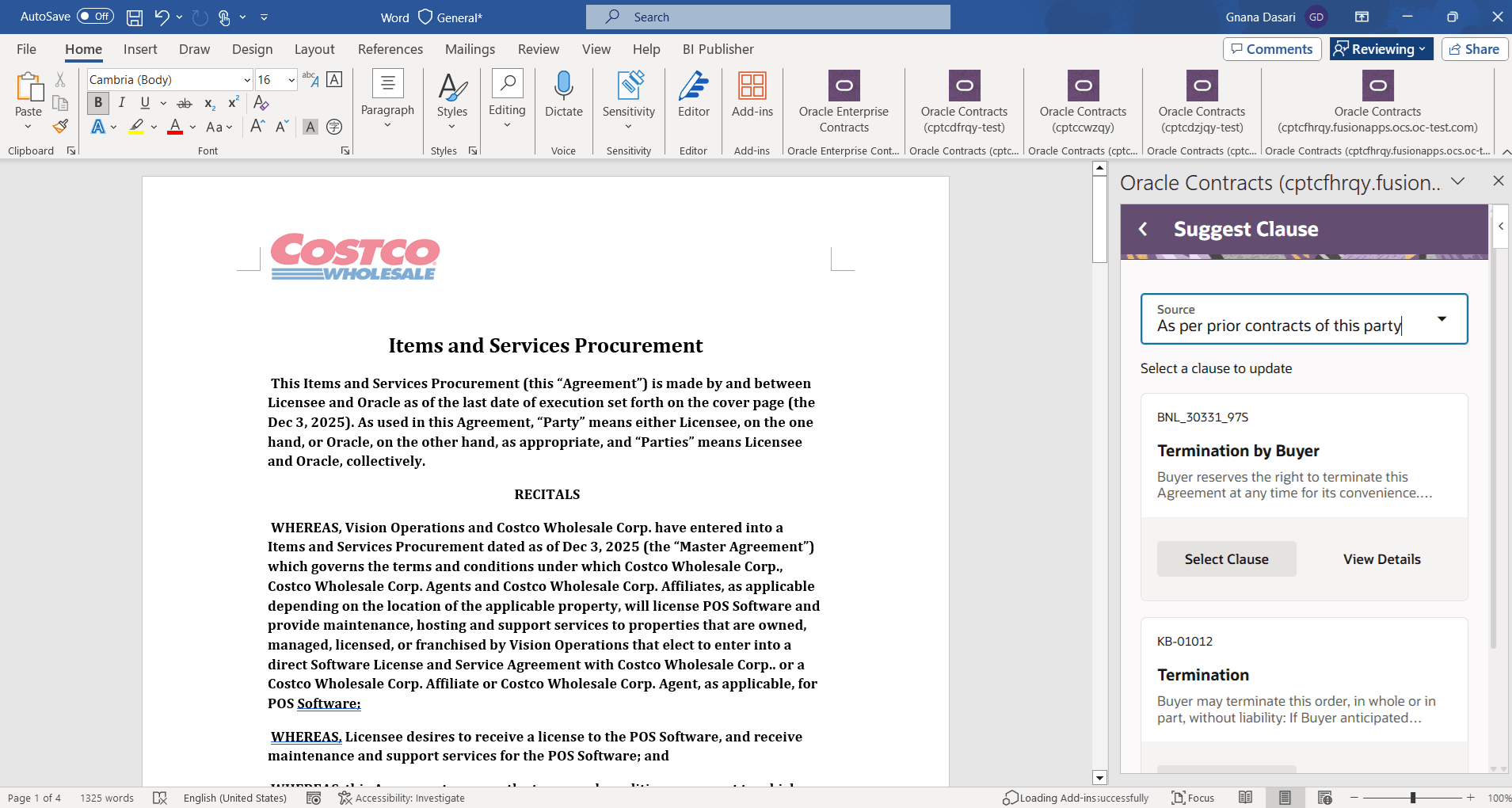 As per Prior Contracts for this Party