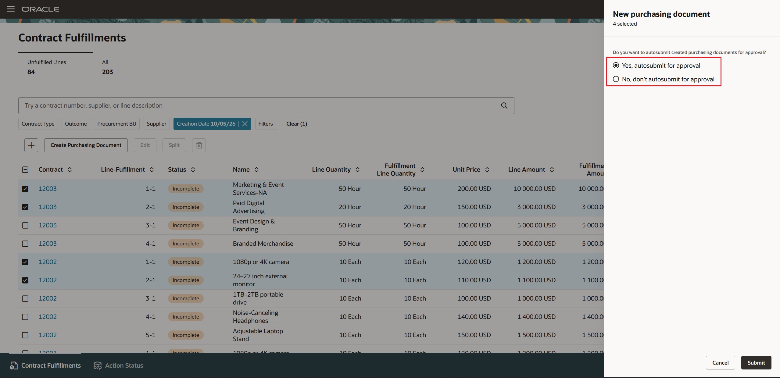 Auto-submit Options for Purchasing Documents