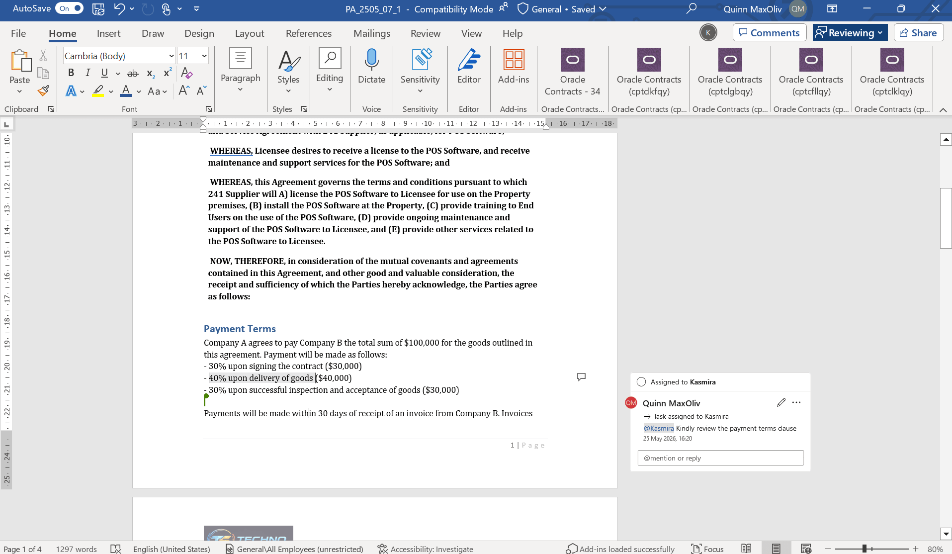 Collaborator commenting to review a clause