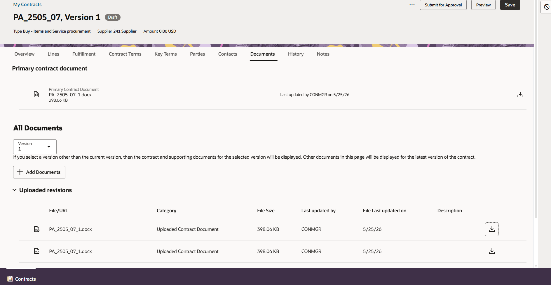 Uploaded Terms under Documents section