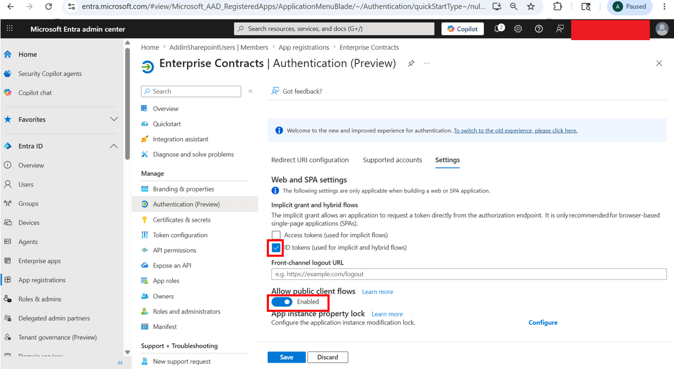 Checkmark ID Tokens and Enable Allow Public client flows from Settings tab