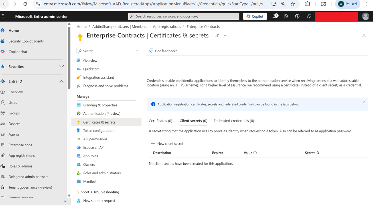 Go to Client Secrets from Certificates & Secrets