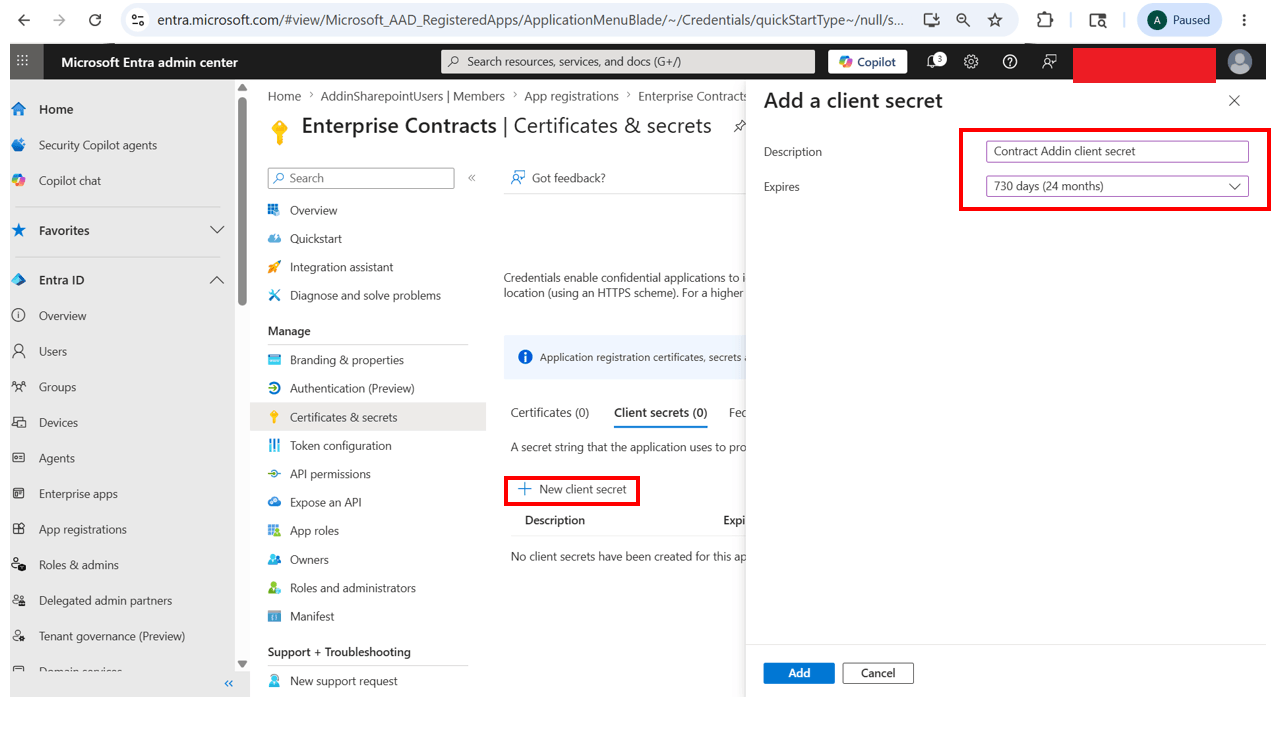 Click on New client secret and add description, expiry details