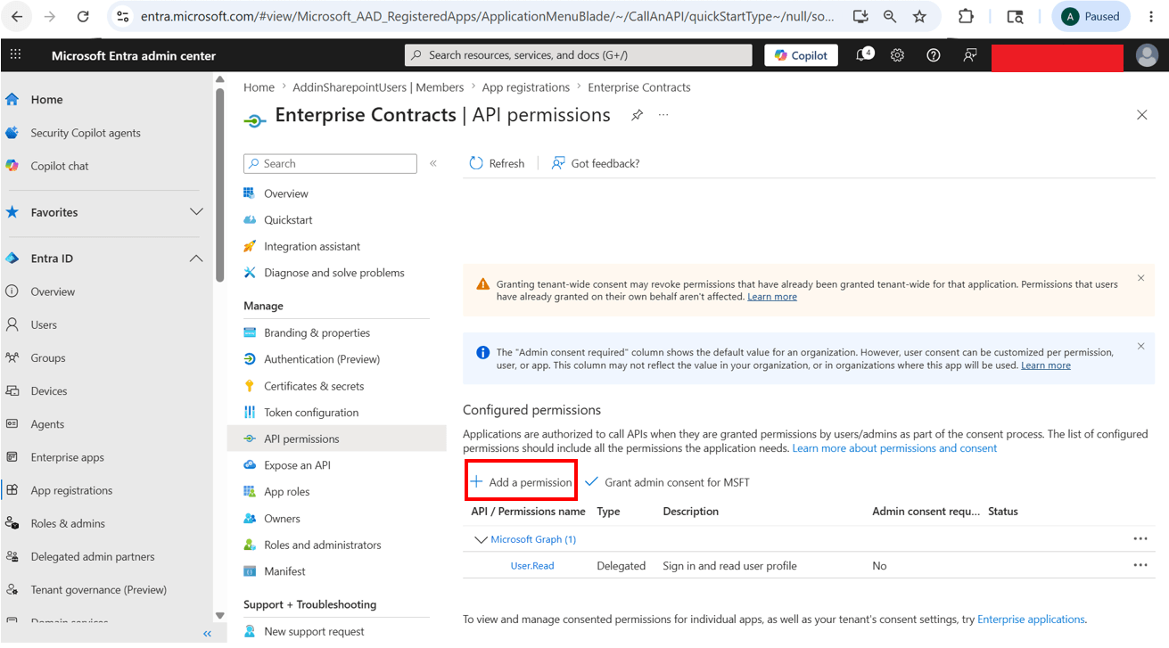 Click on Add a Permission from API Permissions