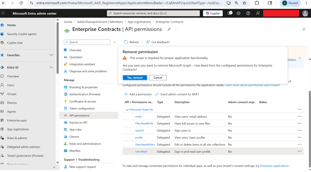Remove User.read permission if it is added by default