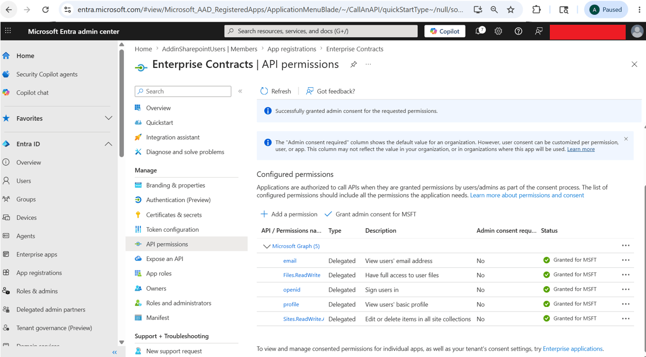 Make sure the status for each permission is getting updated to Granted for MSFT