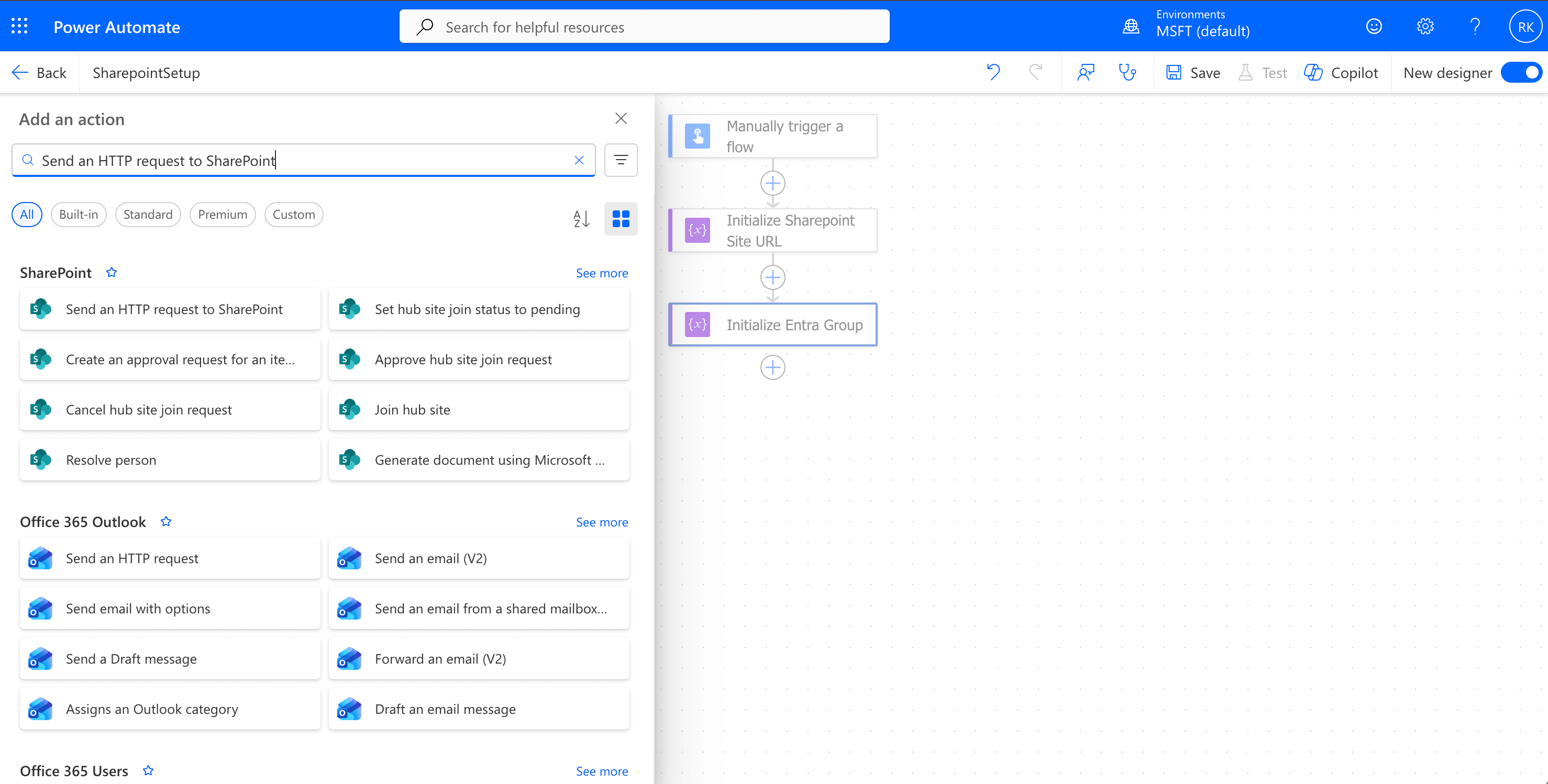 Select Send and HTTP request to SharePoint Action
