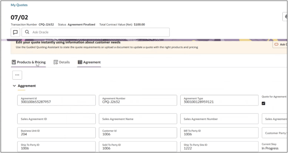 CPQ agreement quote with Quote for Agreement selected