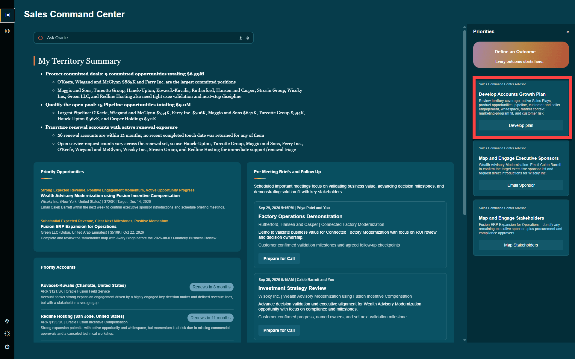 Sales Command Center with Account Territory Growth Plan Priority Action
