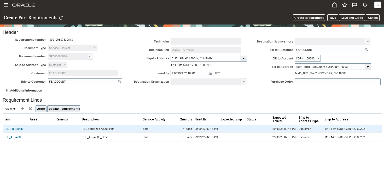 Create Part Requirements UI - Service Request Document Type