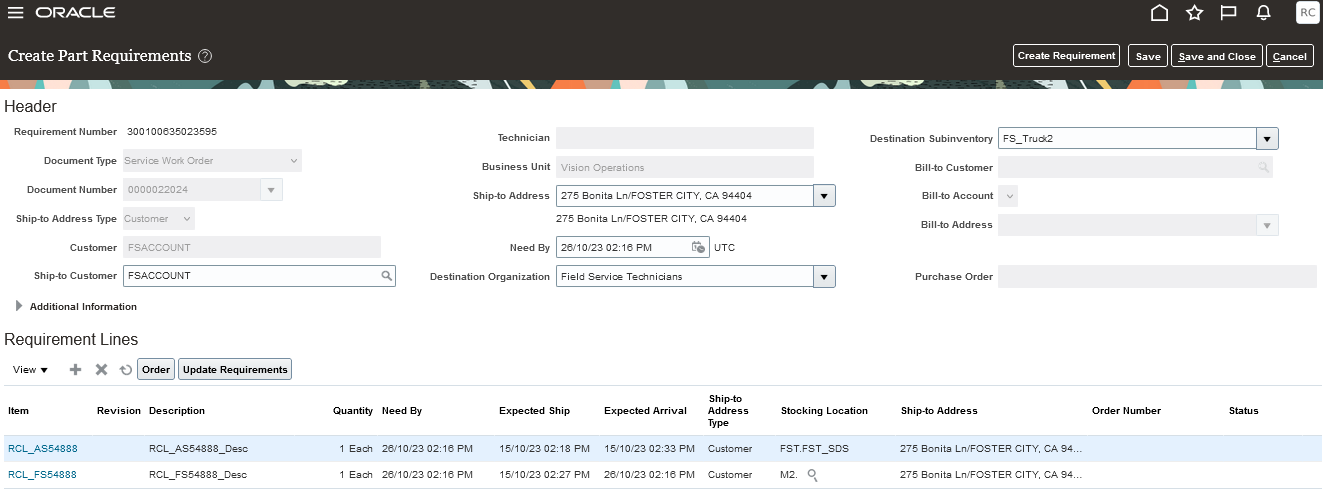 Create Part Requirements UI - Work Order Document Type