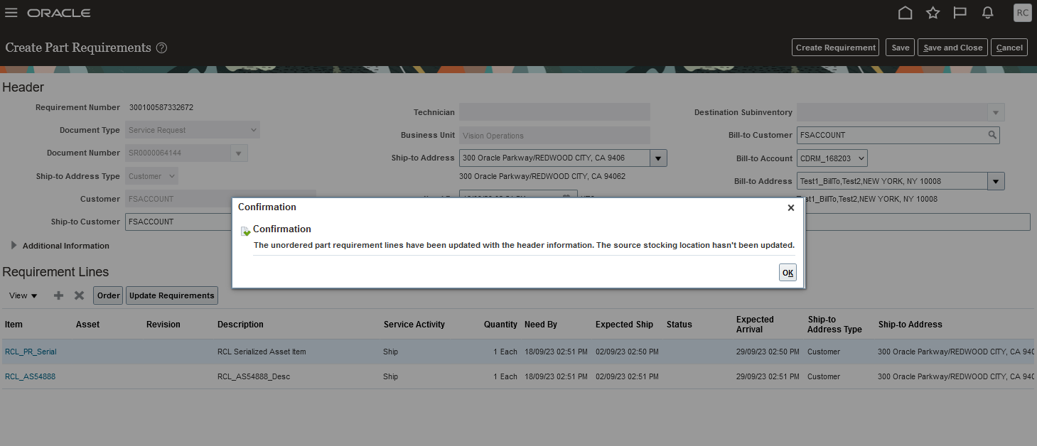 Update Requirements Confirmation Message