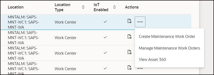 More Actions Dialog box with Three Action Options: Create Maintenance Work Order, Manage Maintenance Work Order, or View Asset 360