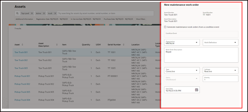 New Maintenance Work Order Dialog Box