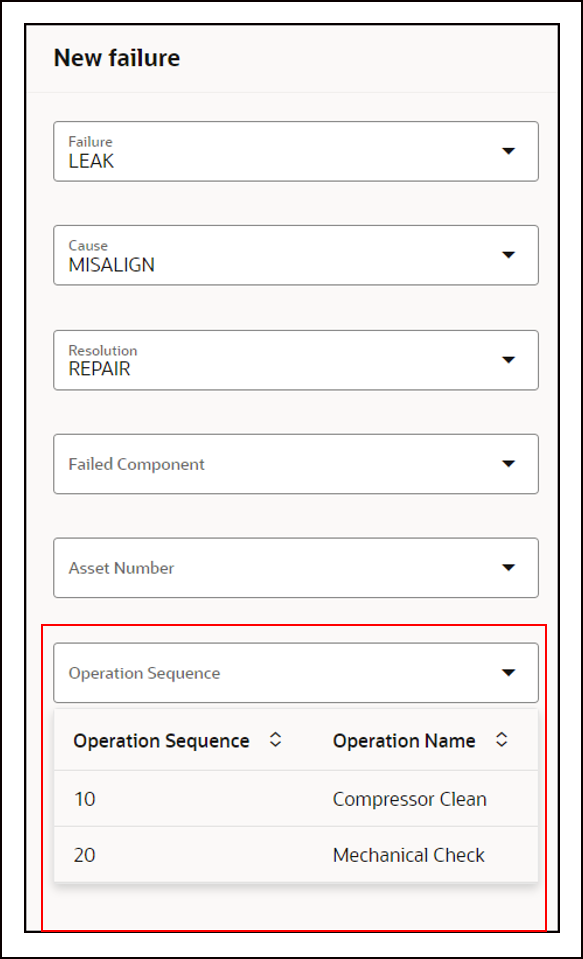 New Failure Instance with Operation Sequence Selection Drop Down