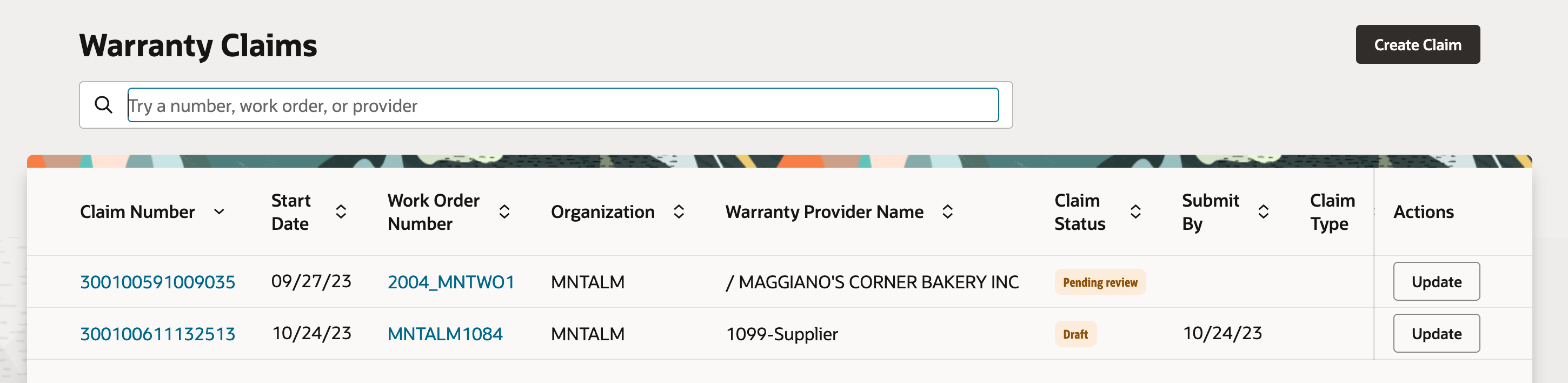 Figure 1. Warranty Claims Page
