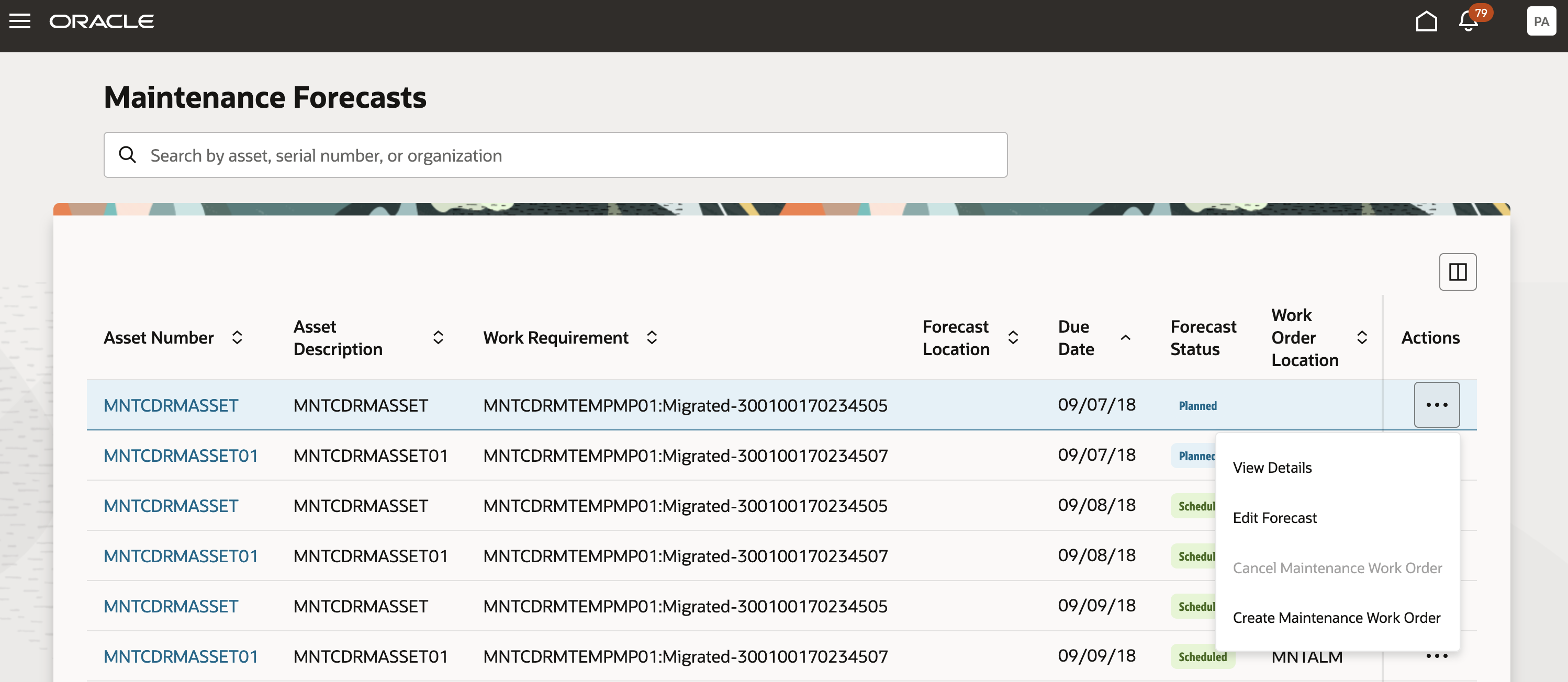 Manage Maintenance Forecasts Page