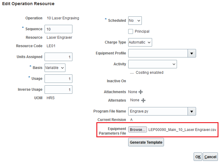 Equipment Parameters File association to Work Definition Operation