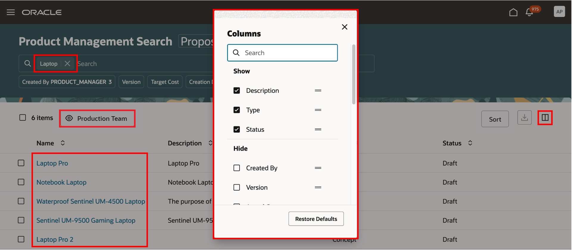 Proposal Search with Column Selector and Configured View Display