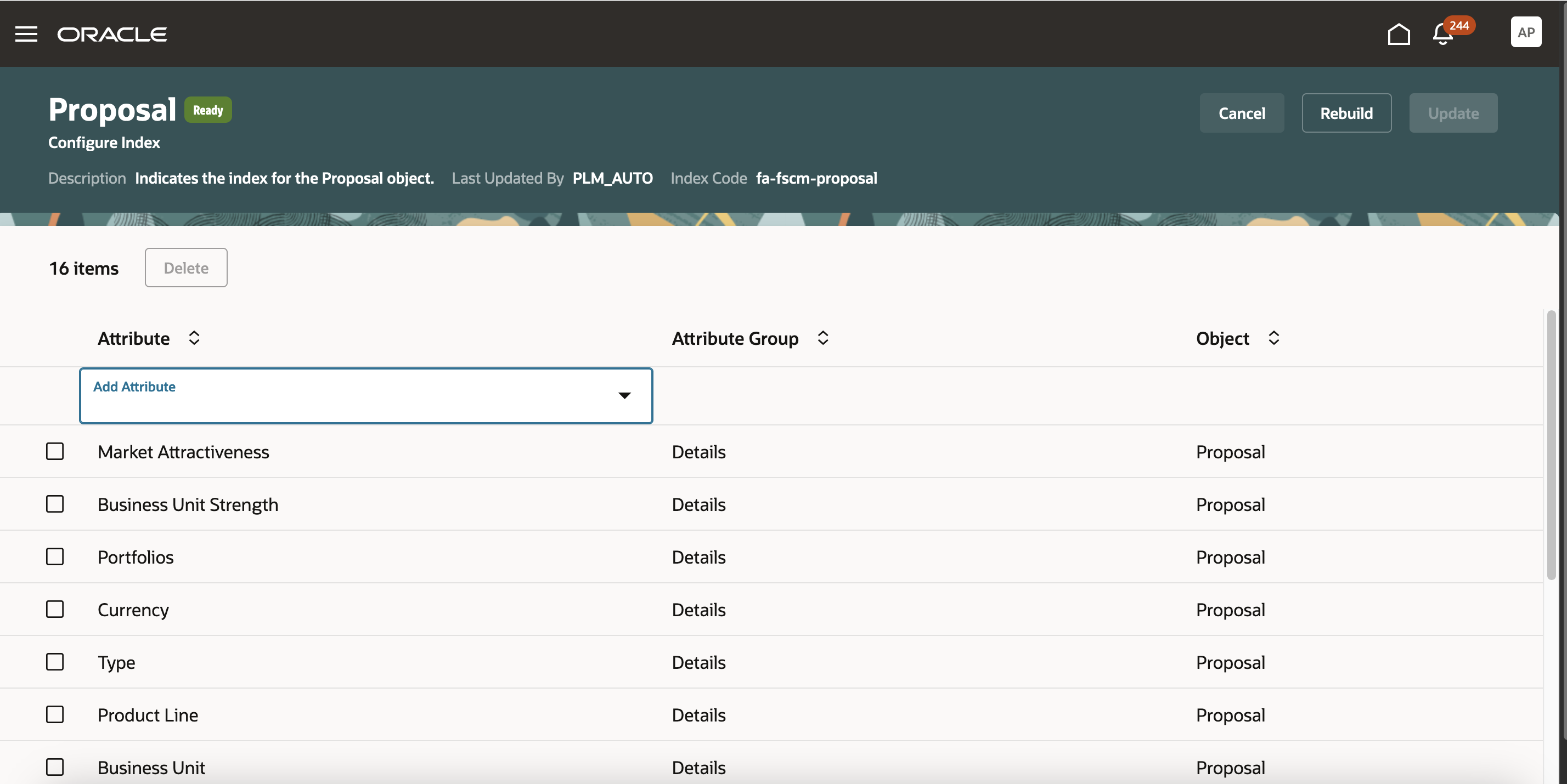 Configure Index Page for Proposal Attributes