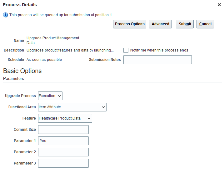 Upgrade Product Management Data Scheduled Process - Parameter 1 Set to Yes