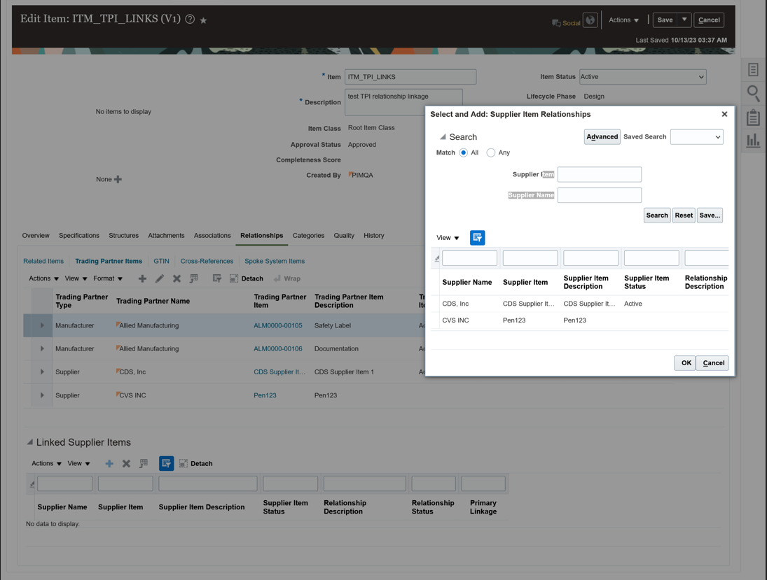 Select and Add Dialog Box: Choose Supplier Item Relationships