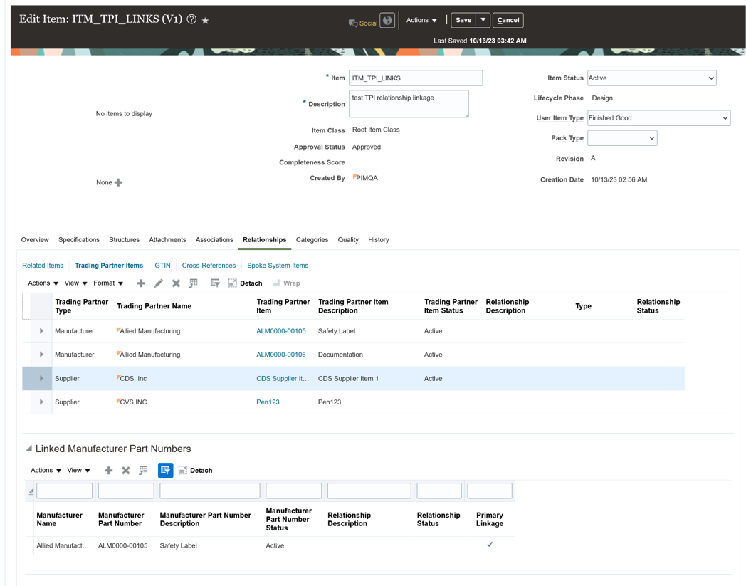 Supplier Item Relationship Linked to Manufacturer Part Number Relationship