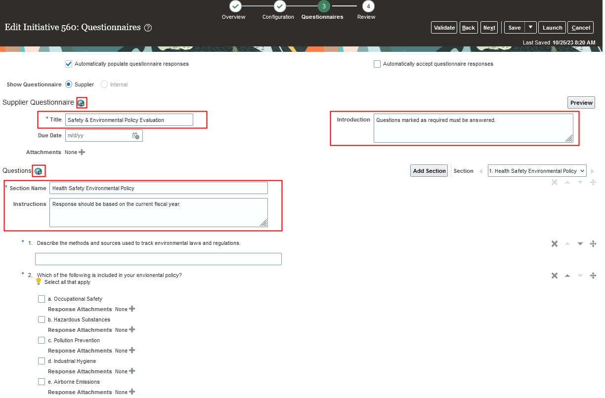 Create Initiative - Edit Questionnaires
