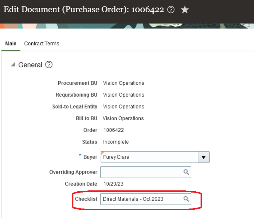 Associate a Checklist with a Purchasing Order