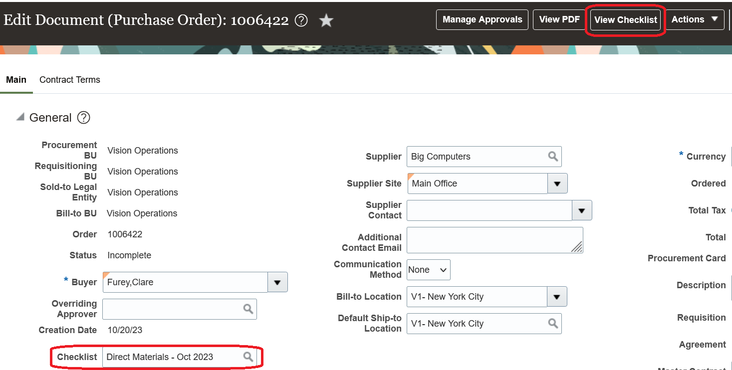 View Checklist Action on the Purchase Order