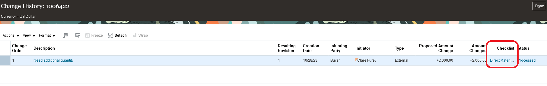 Checklist Link on the Change History Page