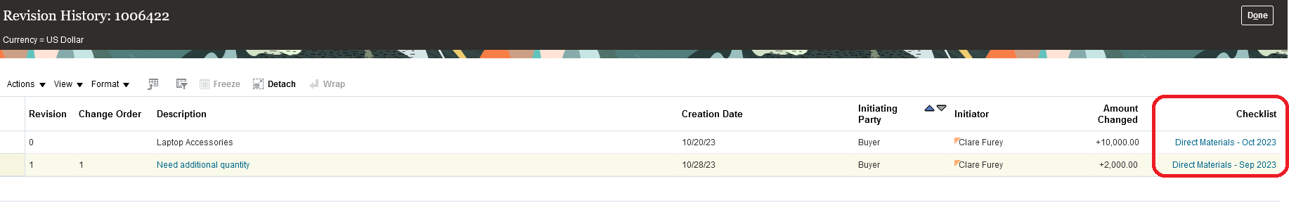Checklist Link on the Revision History Page