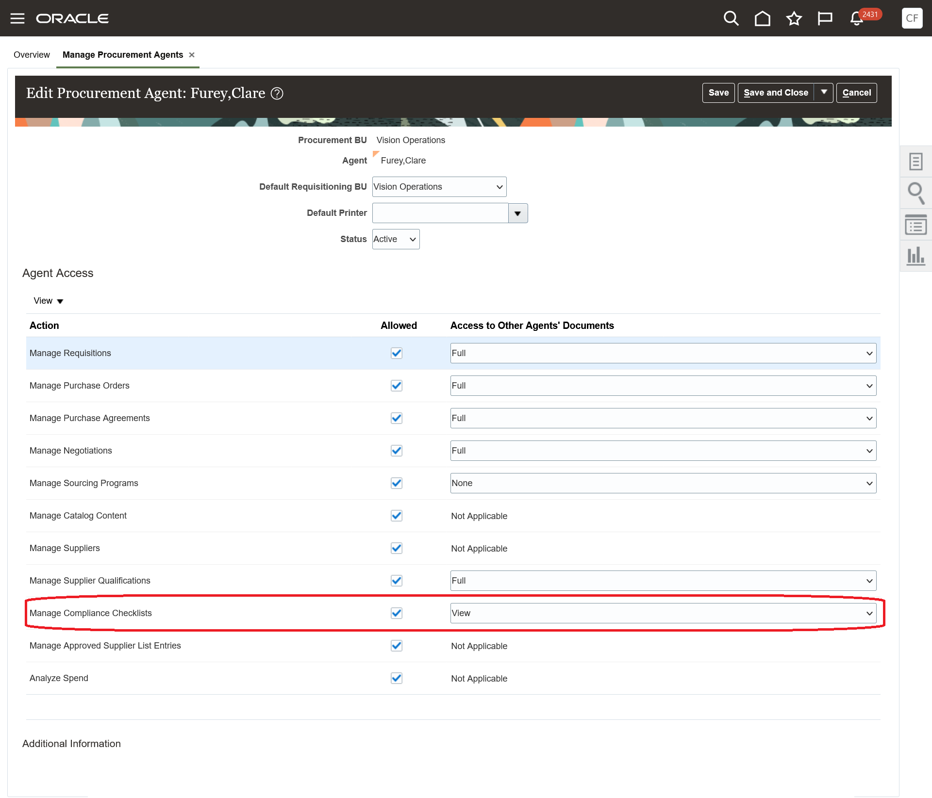 Procurement Agent Access to Manage Compliance Checklists