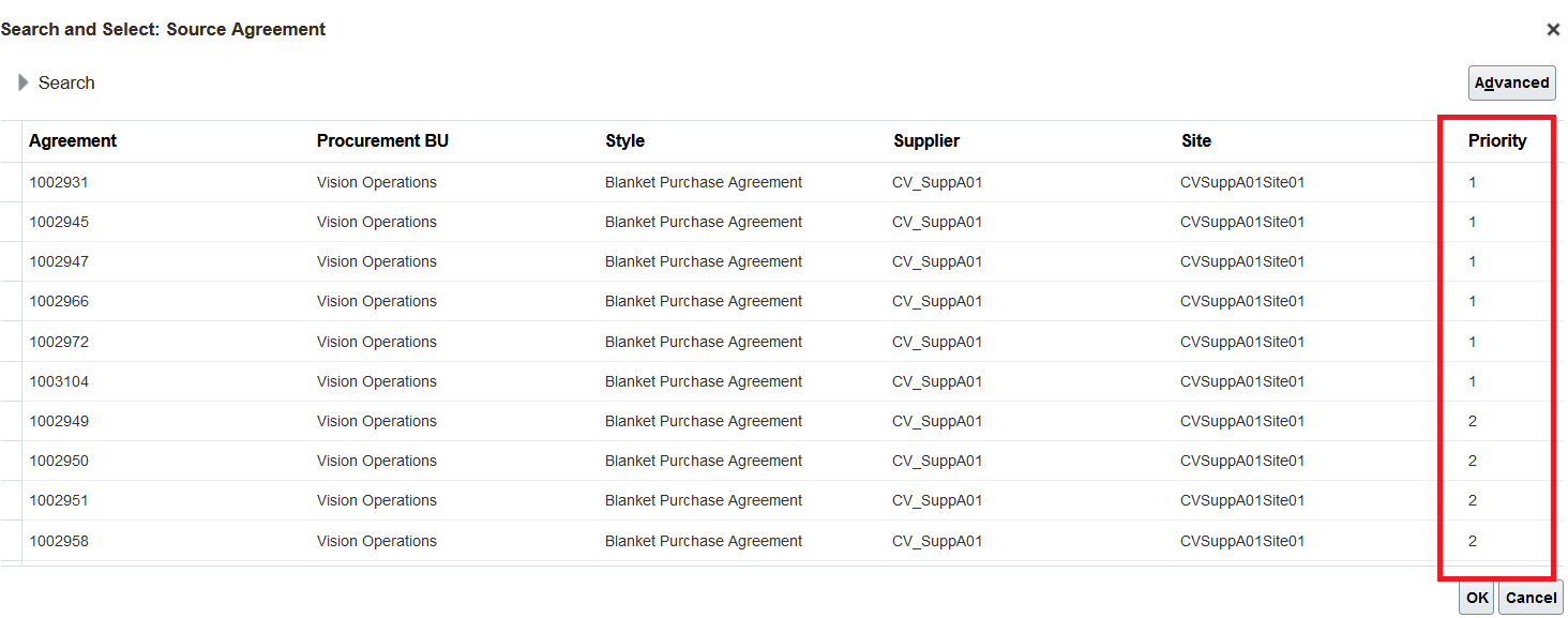 Source Agreement LOV Displaying Priorities