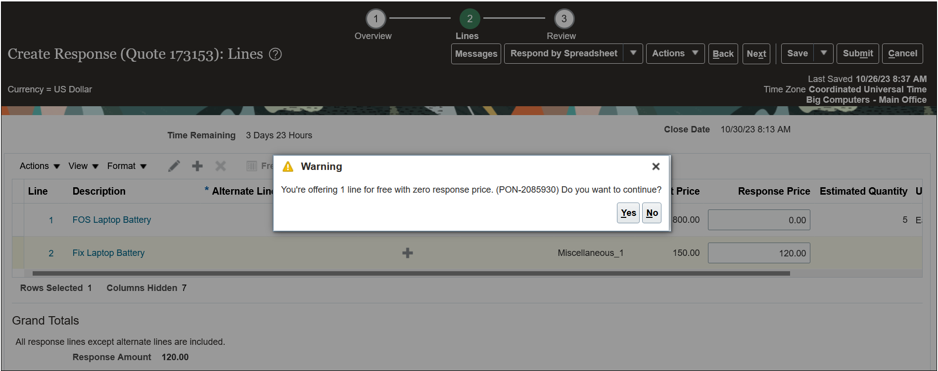 Supplier Enters a 0 Response Price