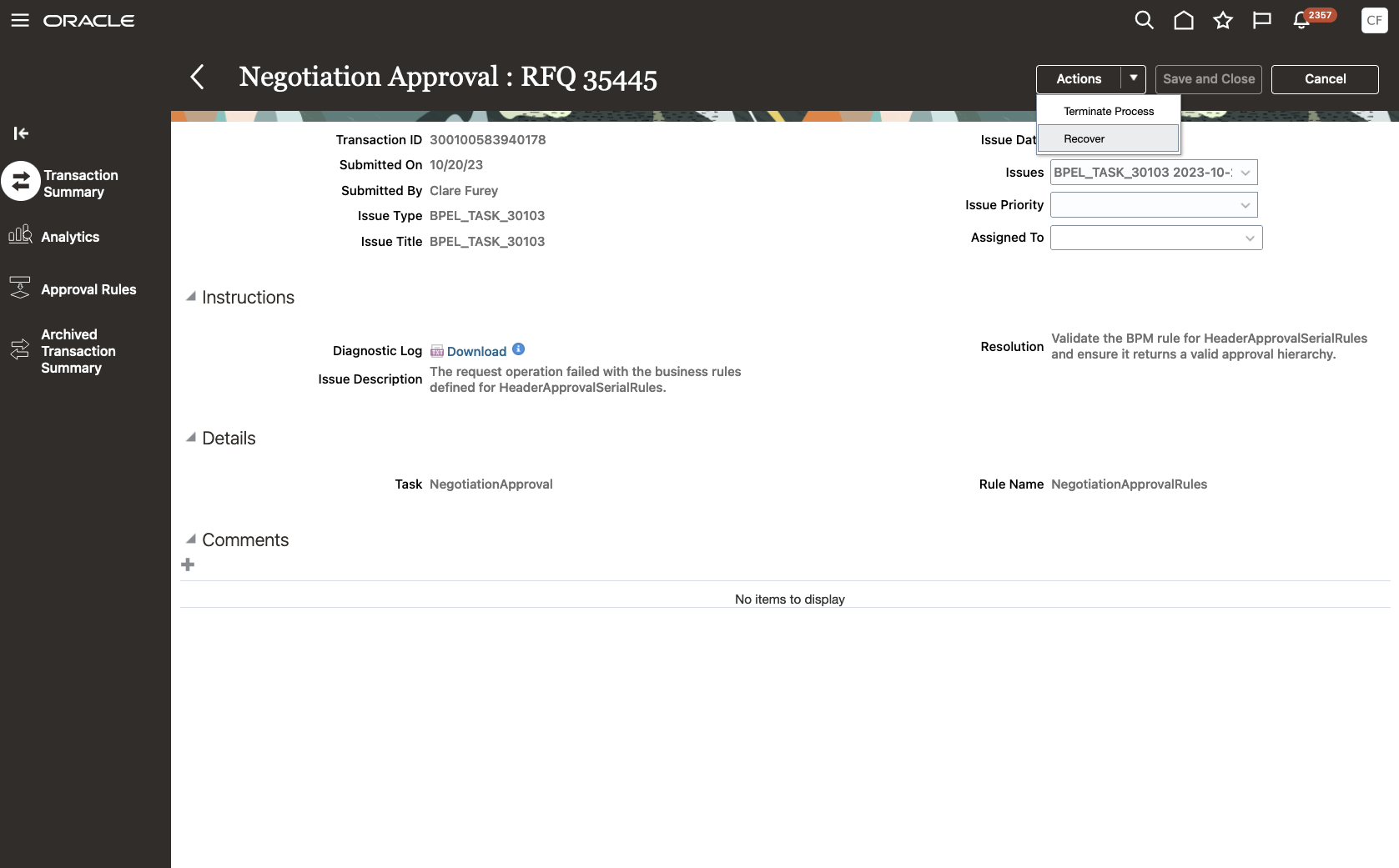 Recover the failed transaction