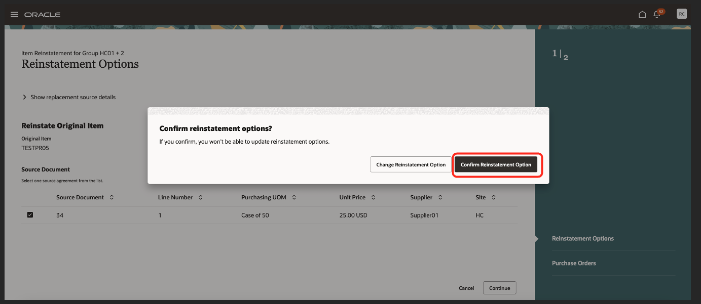Confirm Reinstatement Options