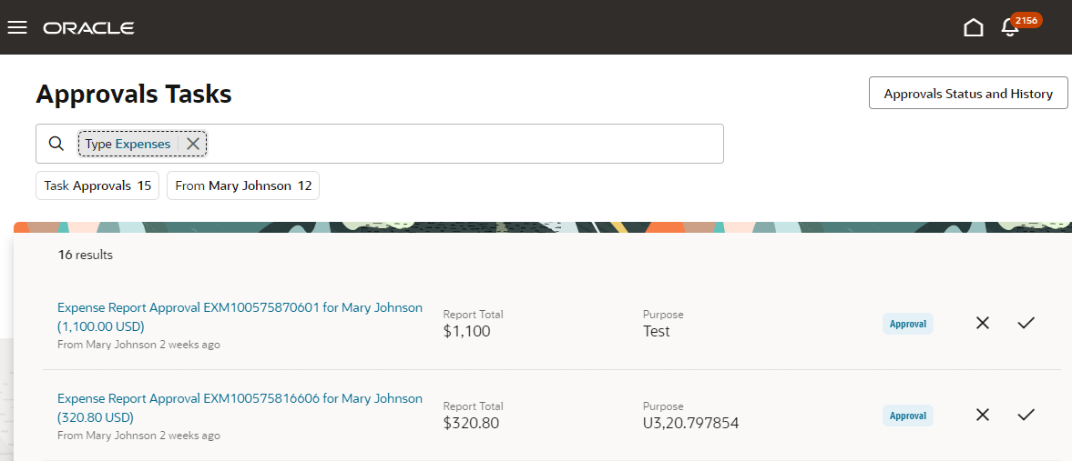 Approvals Tasks page