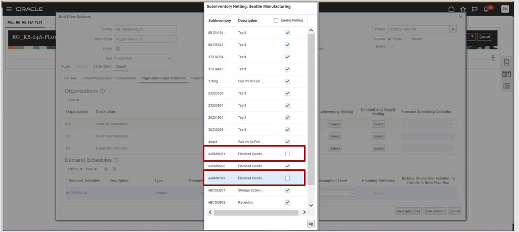 Using the Subinventory Netting option in the Organizations and Schedules tab of the Edit Plan Options page to control the nettable status of the work order supplies.