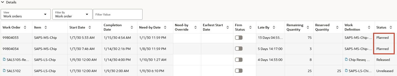 Status Planned, Released, and Unreleased Distinguish Planned Orders and Work Orders
