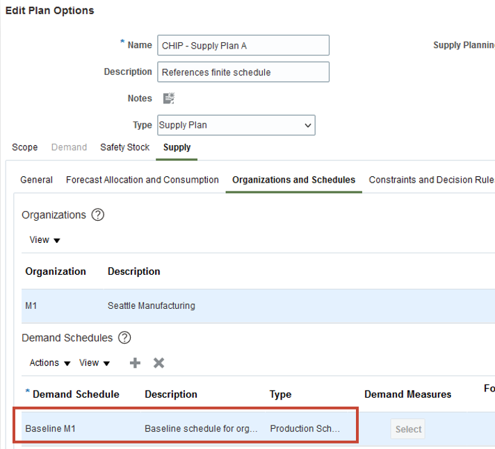 Reference a Production Schedule in a Supply Plan or Integrated Demand and Supply Plan
