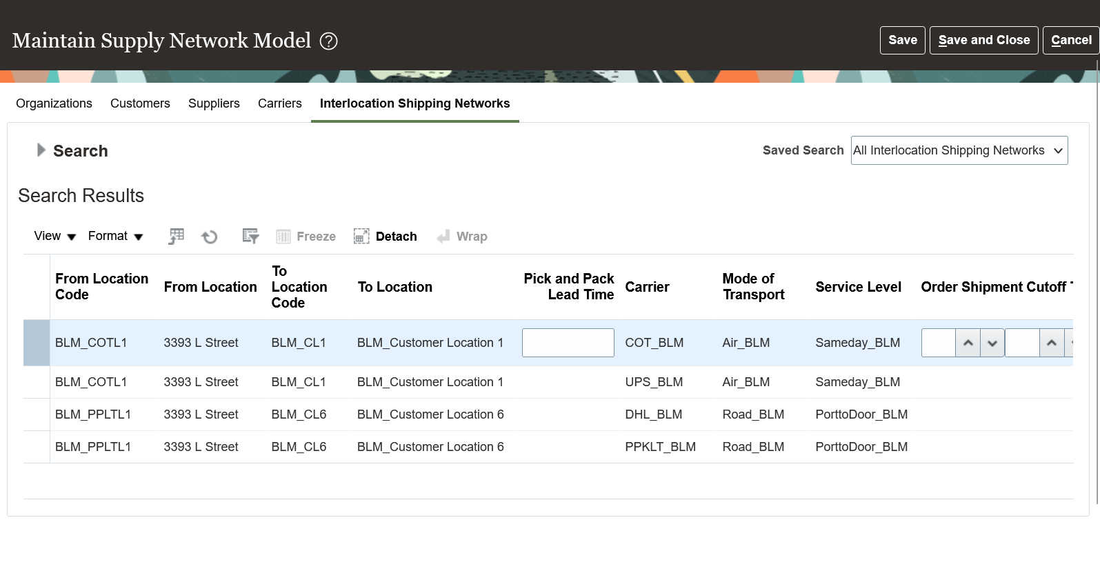 Pick and Pack Lead Time column on the Interlocation Shipping Networks tab (Navigation: Plan Inputs work area > Manage Supply Network Model task > Interlocation Shipping Networks tab)