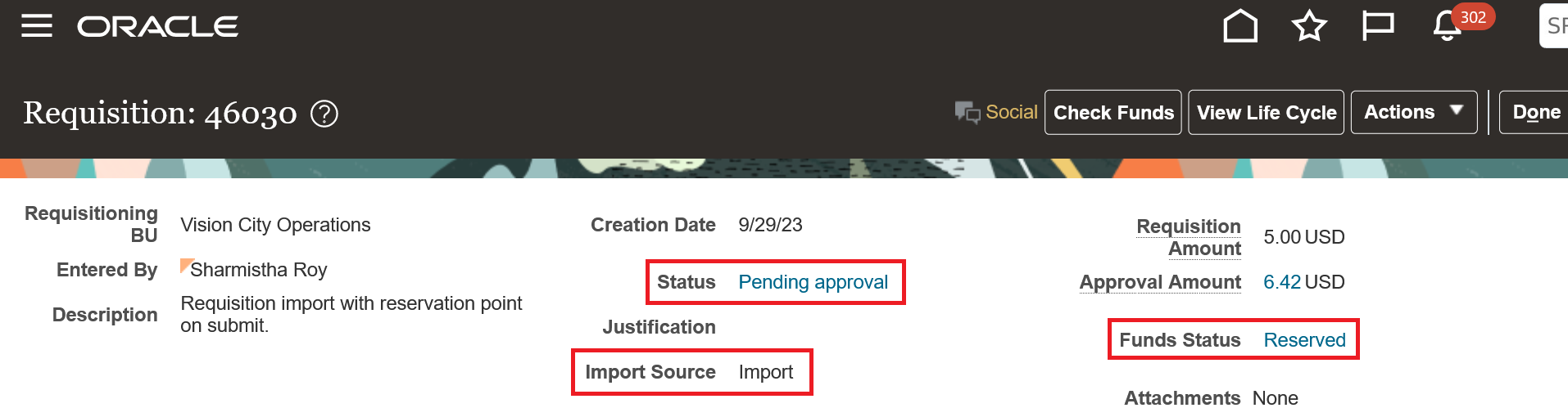 Imported Requisition Pending Approval and With funds Reserved