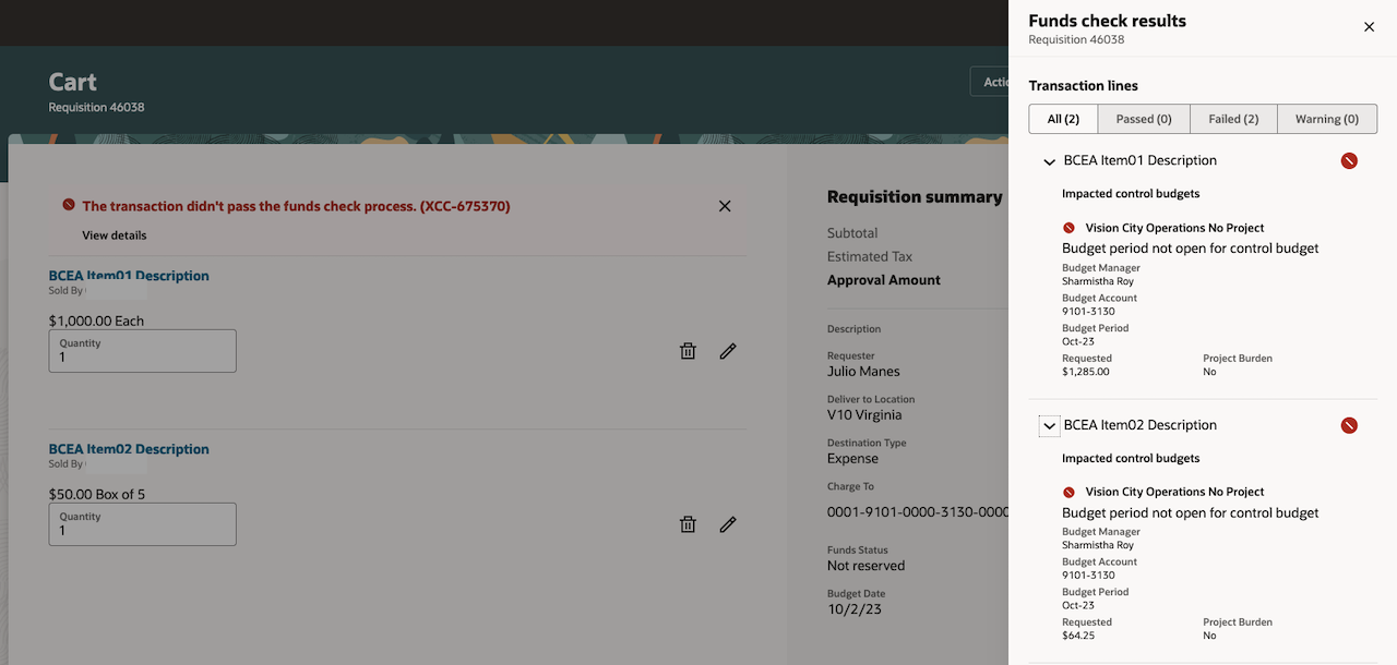 Funds Check Results (Failed) with Details