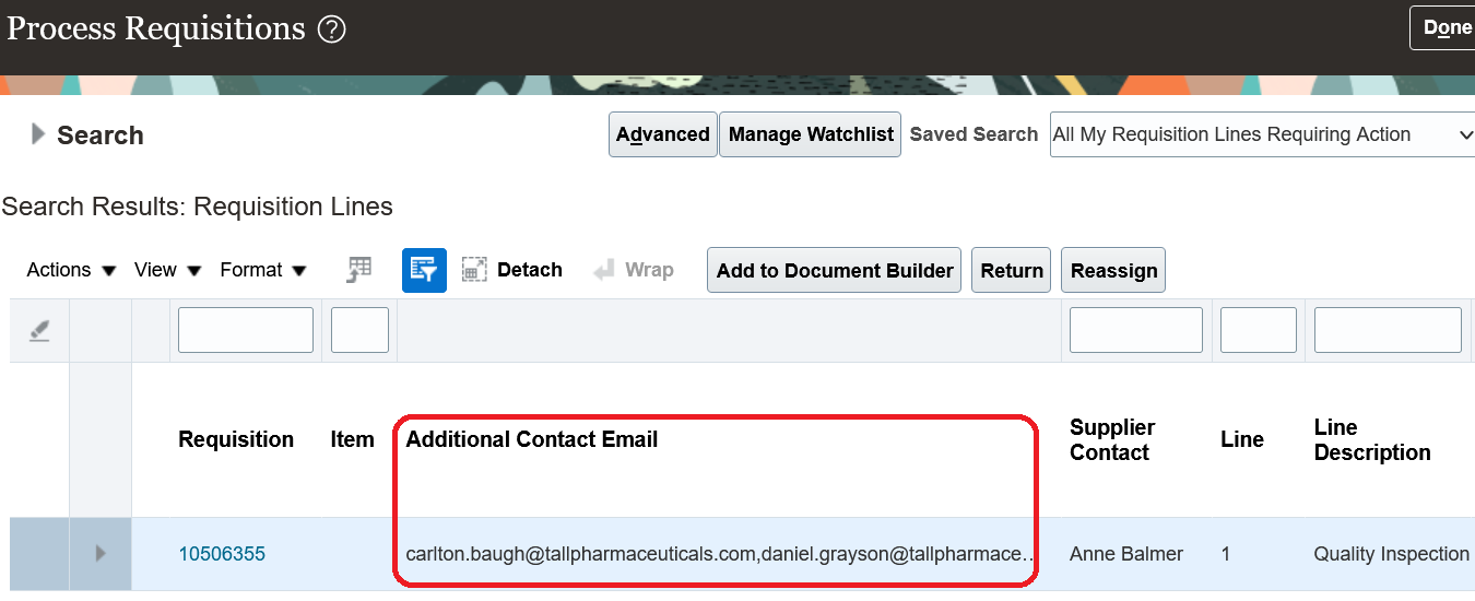 Review Additional Contact Emails While Processing Requisition Lines