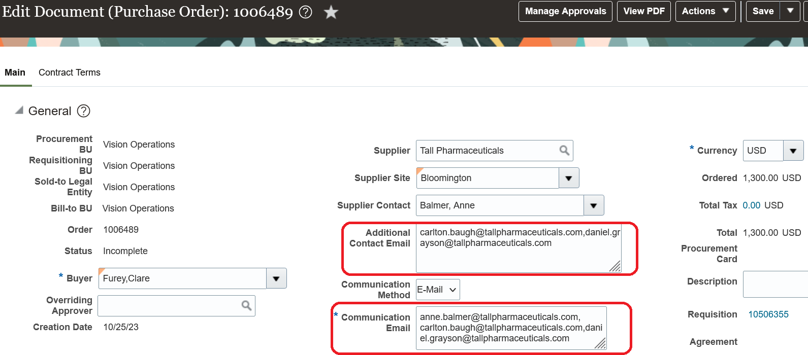 Assign Additional Contact Email for a Purchase Order