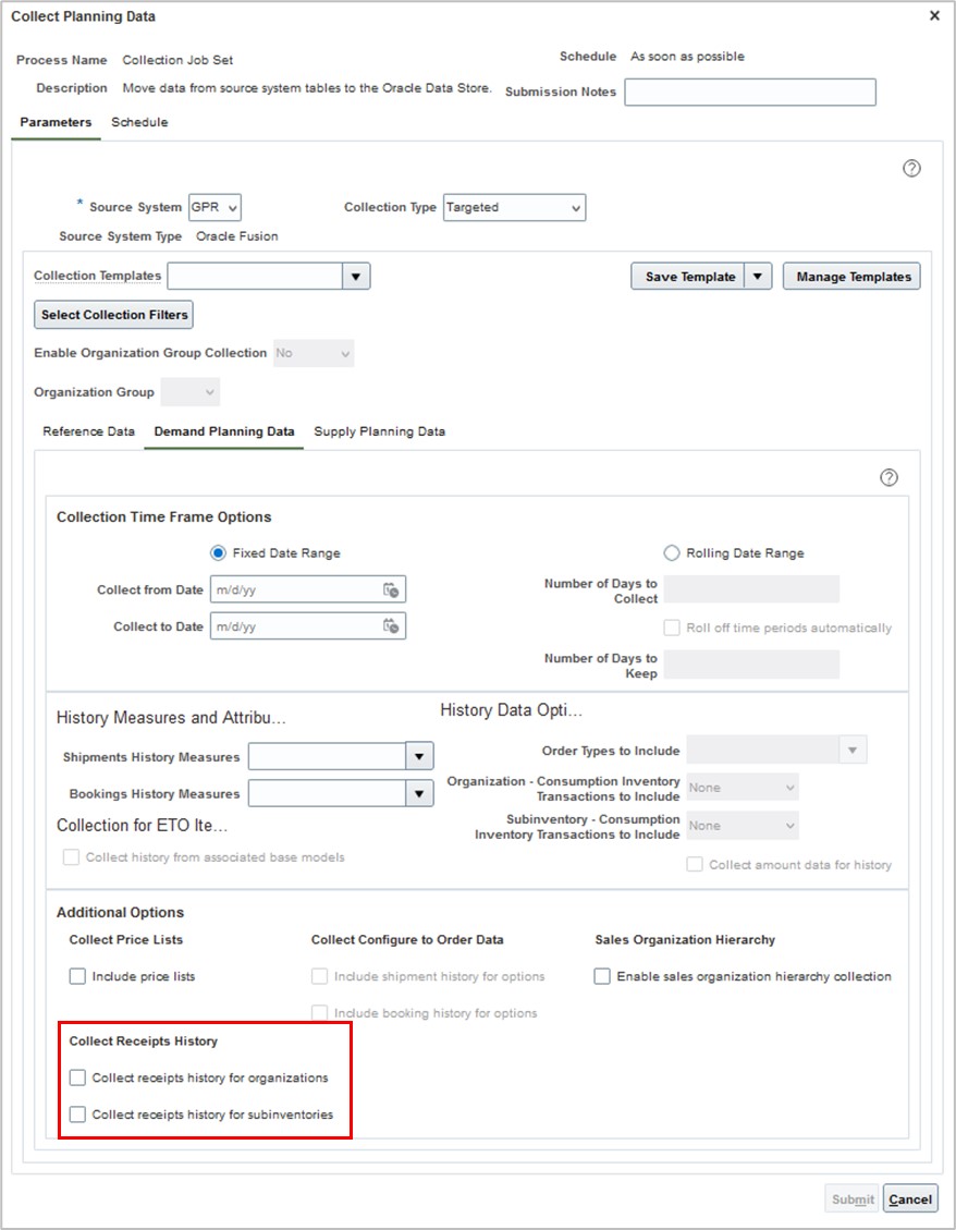 Collect Planning Data page with new check boxes 