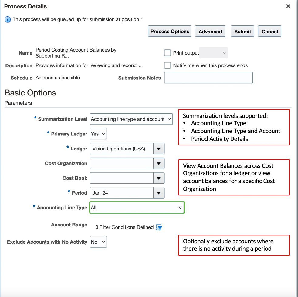  Scheduled processes: period costing account balances by supporting references report